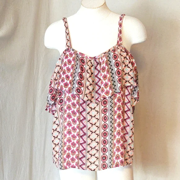 Midnight Sky Cold Shoulder Peasant Top, Colorful Geometric Floral women’s Large - Picture 7 of 10